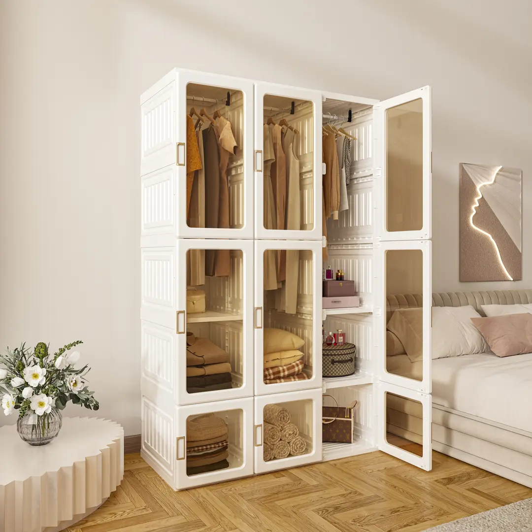 Clóset portátil plegable Ordena blanco con puertas transparentes magnéticas, 3 barras para colgar y repisas
